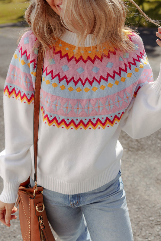 White Ethnic Geometric Colorblock Print Drop Shoulder Sweater White 52%Viscose+26%Polyester+22%Polyamide Sweaters JT's Designer Fashion