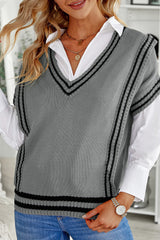 Gray V Neck Contrast Stripes Trims Short Sleeve Sweater Sweaters & Cardigans JT's Designer Fashion