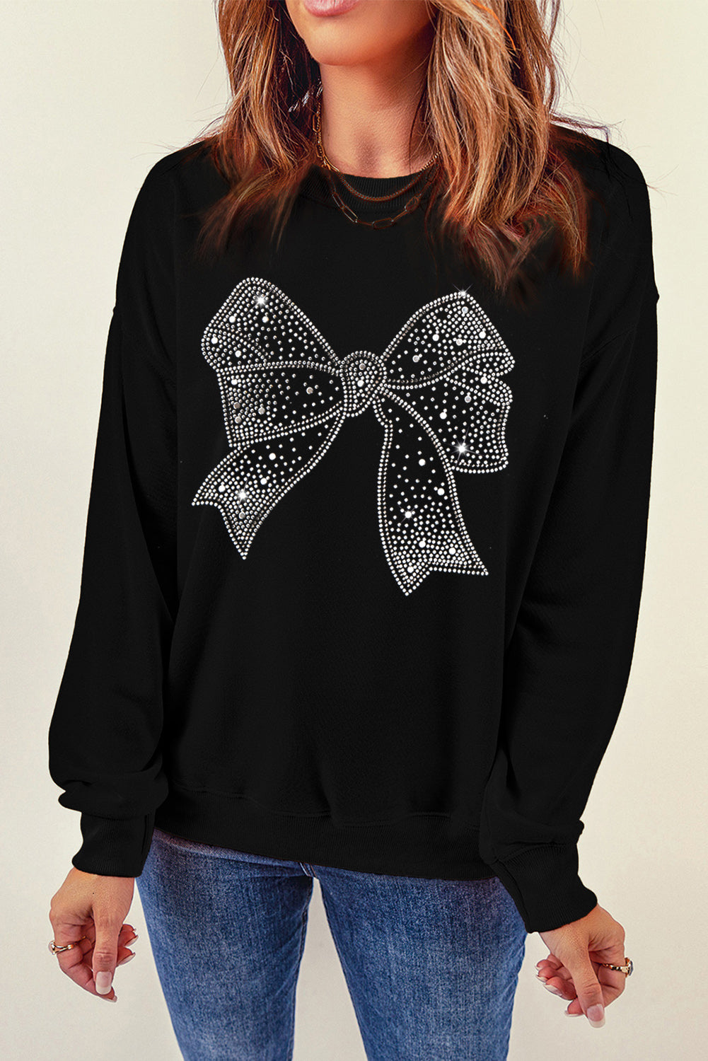 Black Rhinestone Bowknot Graphic Crewneck Pullover Sweatshirt Graphic Sweatshirts JT's Designer Fashion