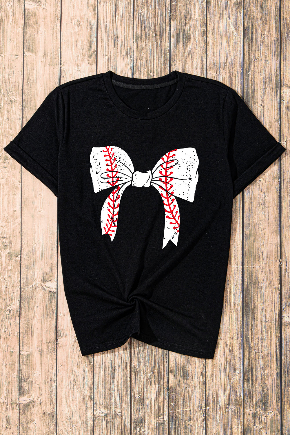 Black Baseball Bowknot Graphic Casual Tee Graphic Tees JT's Designer Fashion