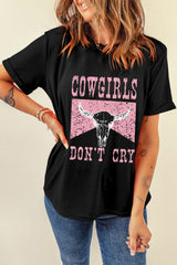 Black COWGIRL DONT CRY Steer Head Print Short Sleeve Top Graphic Tees JT's Designer Fashion