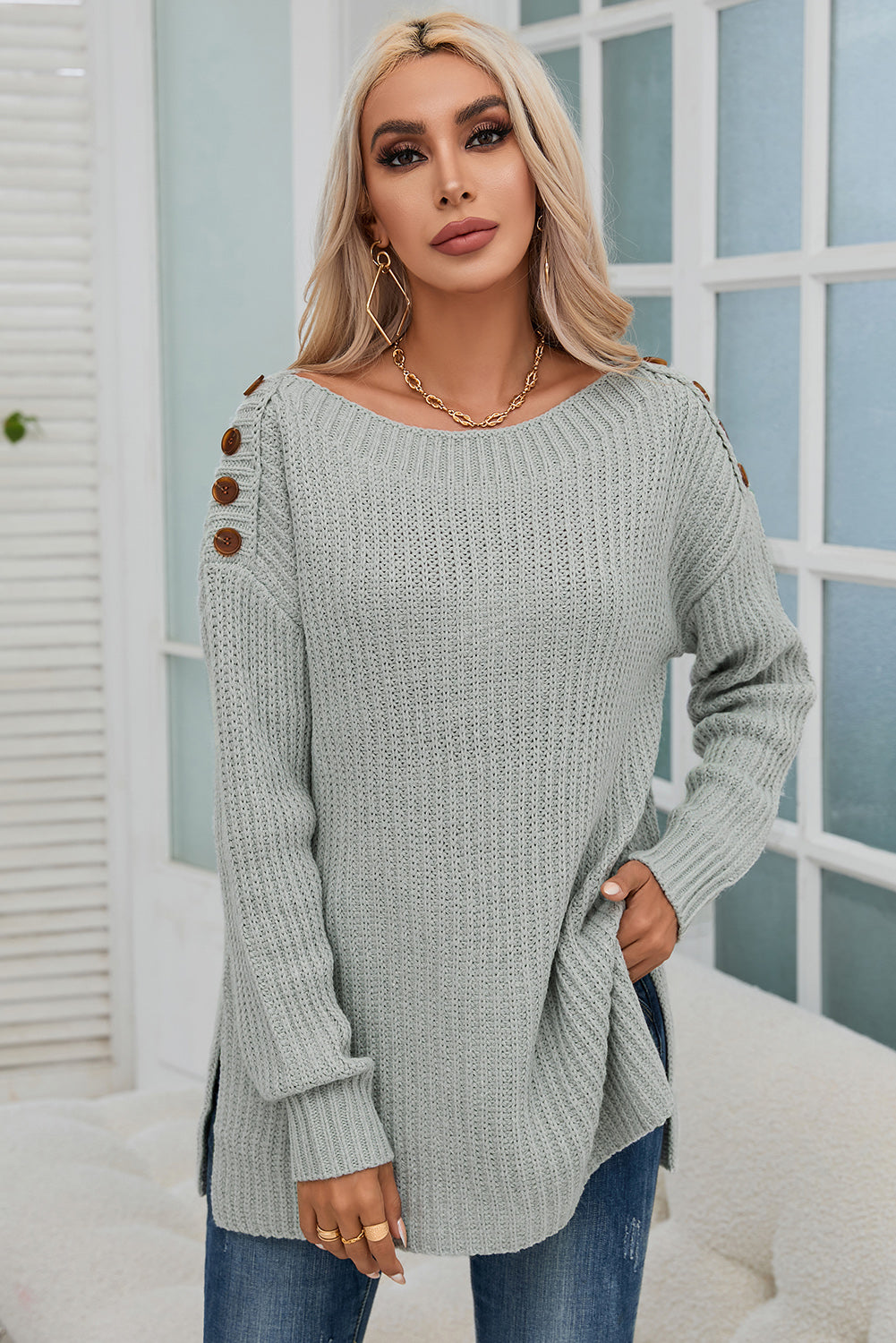 Gray Buttoned Drop Shoulder Oversized Sweater Sweaters & Cardigans JT's Designer Fashion