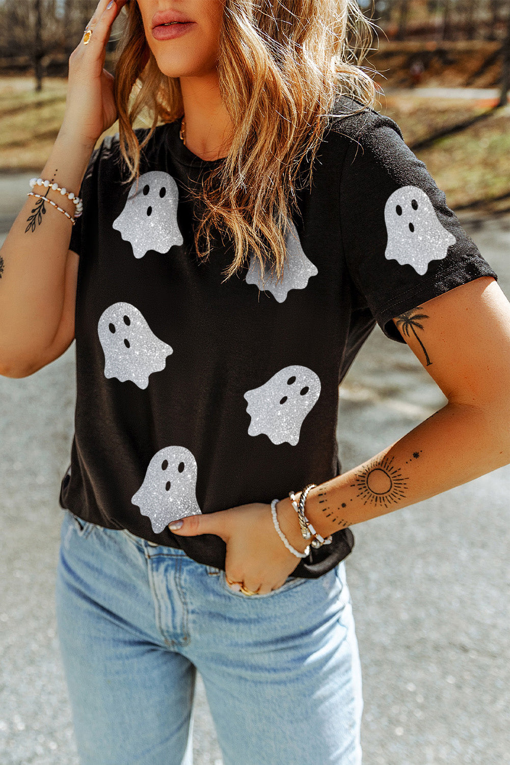 Black Glitter Ghost Pattern Crew Neck Halloween T Shirt Graphic Tees JT's Designer Fashion