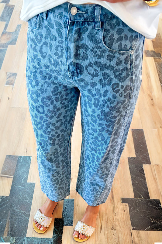 Sky Blue Leopard Print Straight Loose Jeans Sky Blue 72%Cotton+26%Polyester+2%Elastane Jeans JT's Designer Fashion
