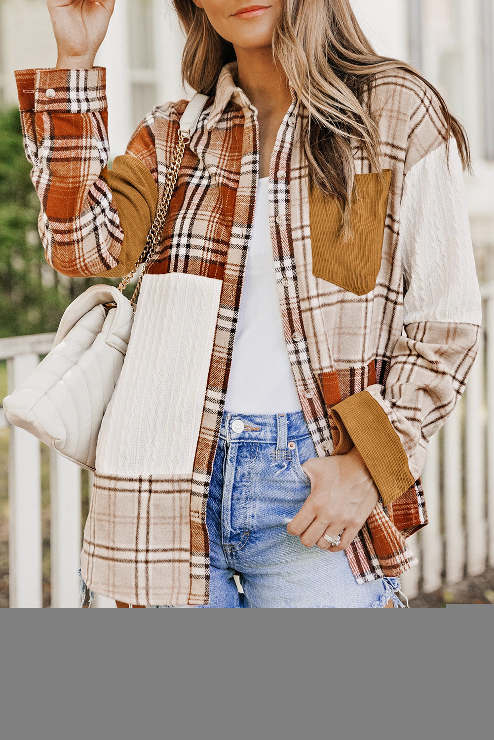 Orange Plaid Color Block Patchwork Shirt Jacket with Pocket Plaid Shackets JT's Designer Fashion