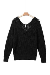Black Crochet Knit Ribbed Hem Hollow-out Sweater Sweaters JT's Designer Fashion