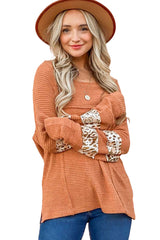 Apricot Leopard Splicing Exposed Seam Waffle Knit Top Long Sleeve Tops JT's Designer Fashion