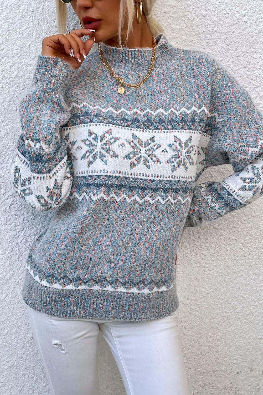 Gray Retro Snowflake Pattern Mock Neck Fuzzy Sweater Gray Sweaters JT's Designer Fashion