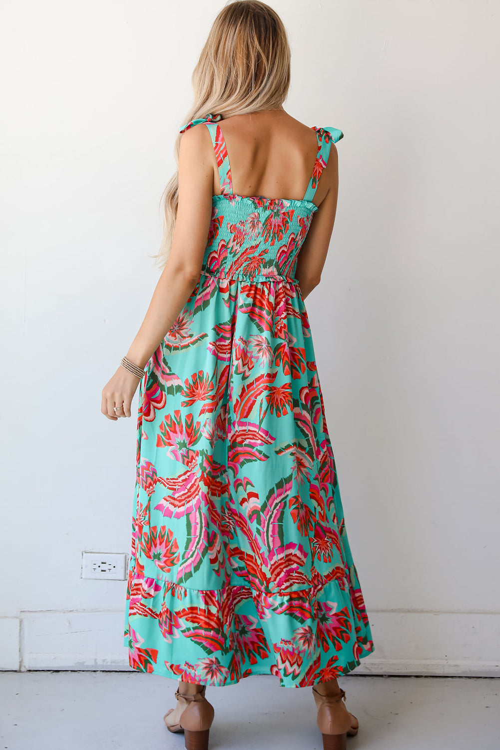 Green Abstract Print Smocked Bodice Knotted Straps Ruffled Long Dress Maxi Dresses JT's Designer Fashion