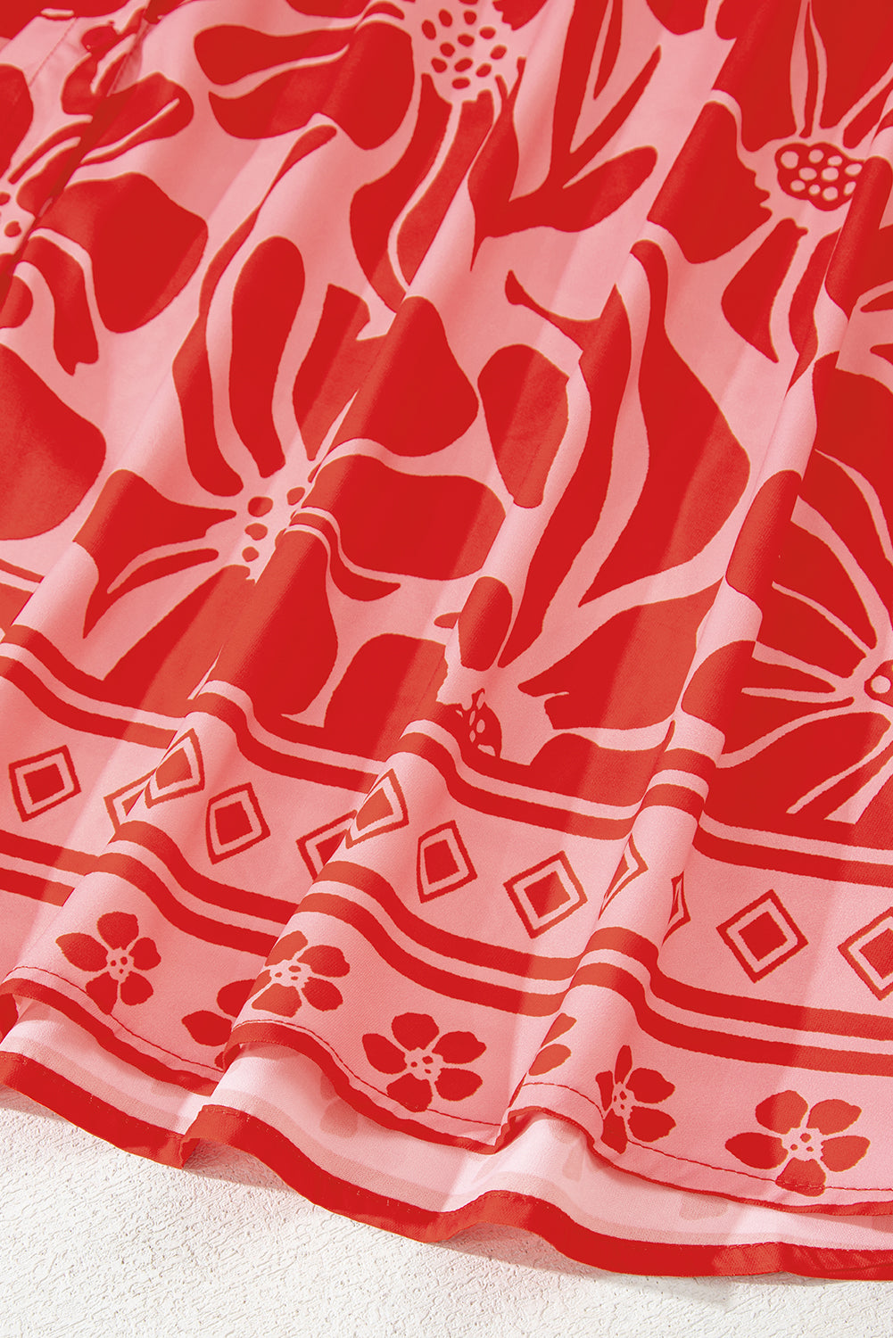 Red Boho Floral Short Sleeve V Neck Buttoned Shirred Waist Long Dress Floral Dresses JT's Designer Fashion