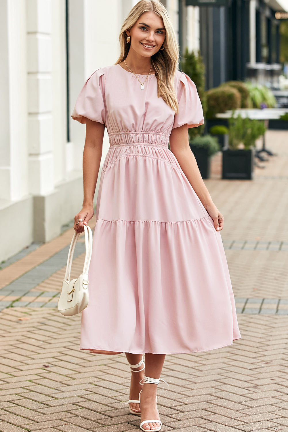 Pink Puff Sleeve Pleated High Waist Flowy Long Dress Maxi Dresses JT's Designer Fashion