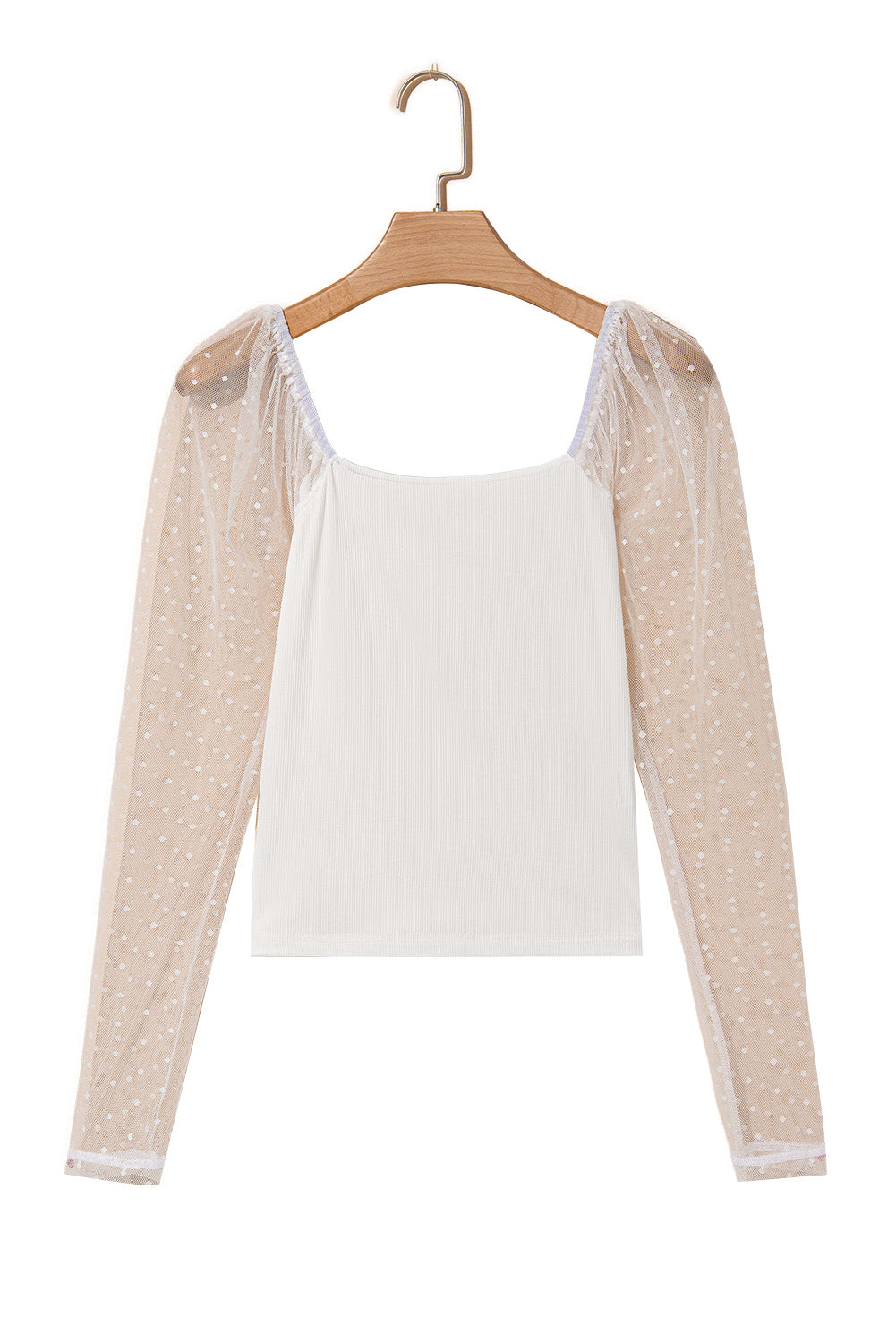 White Swiss Dot Mesh Long Sleeve Square Neck Slim Top Long Sleeve Tops JT's Designer Fashion