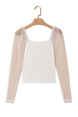 White Swiss Dot Mesh Long Sleeve Square Neck Slim Top Long Sleeve Tops JT's Designer Fashion