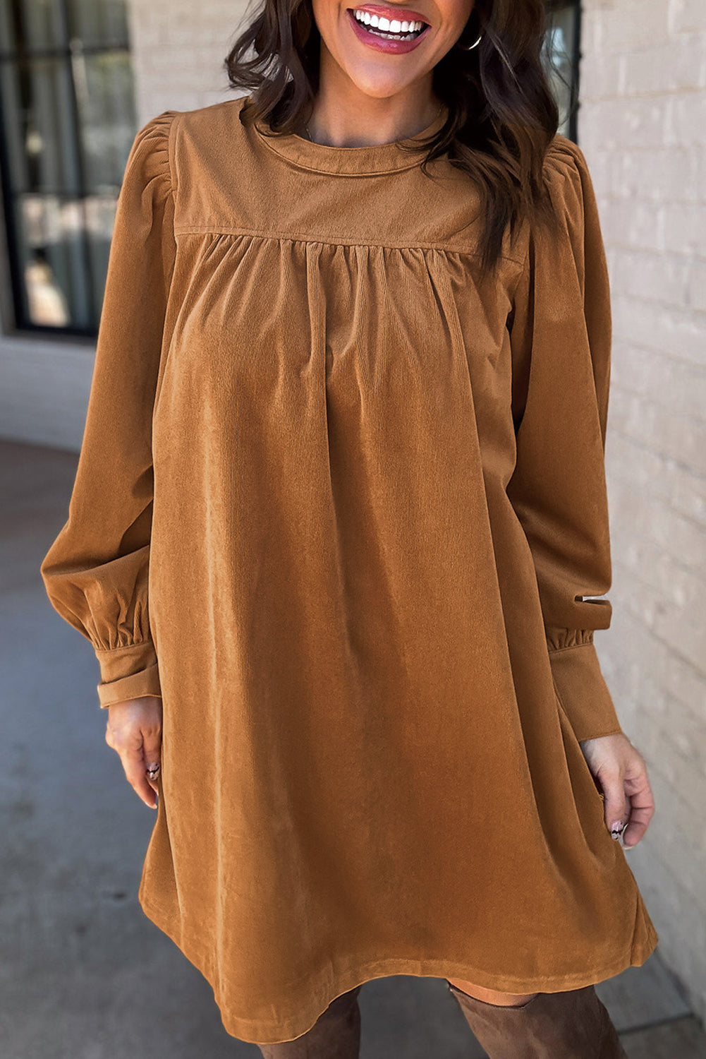 Desert Gold Corduroy Pleated Puff Sleeve Shift Short Dress Mini Dresses JT's Designer Fashion