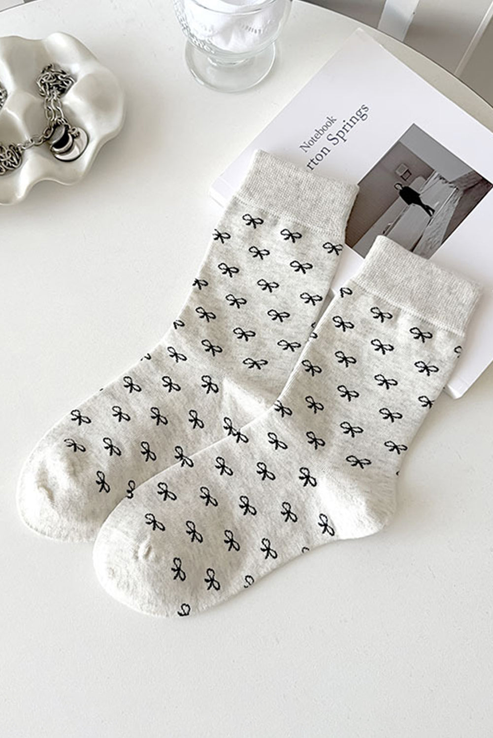 White Bow Knots Ribbed Edge Crew Socks Socks JT's Designer Fashion