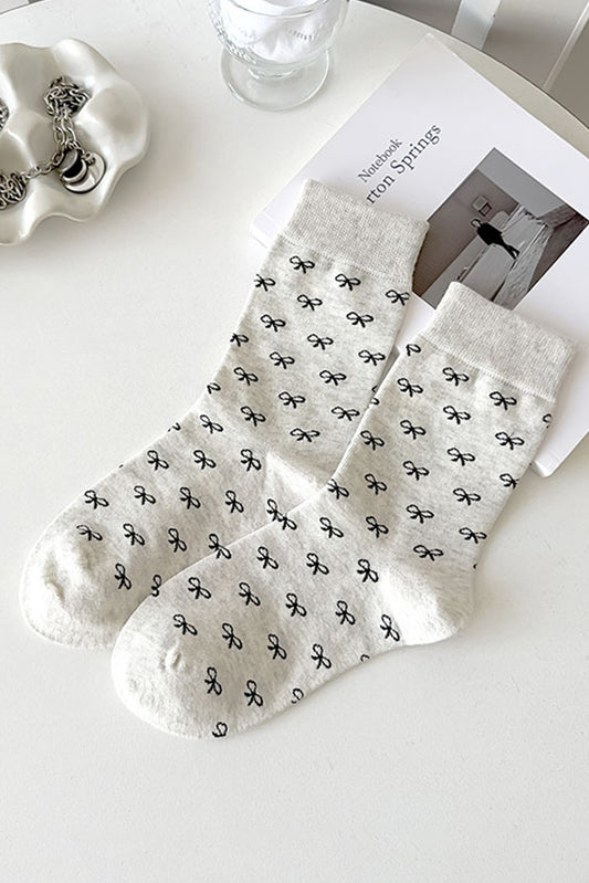 White Bow Knots Ribbed Edge Crew Socks Socks JT's Designer Fashion