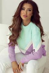 Green Chevron Colorblock Ribbed Knit Drop Shoulder Sweater Sweaters JT's Designer Fashion