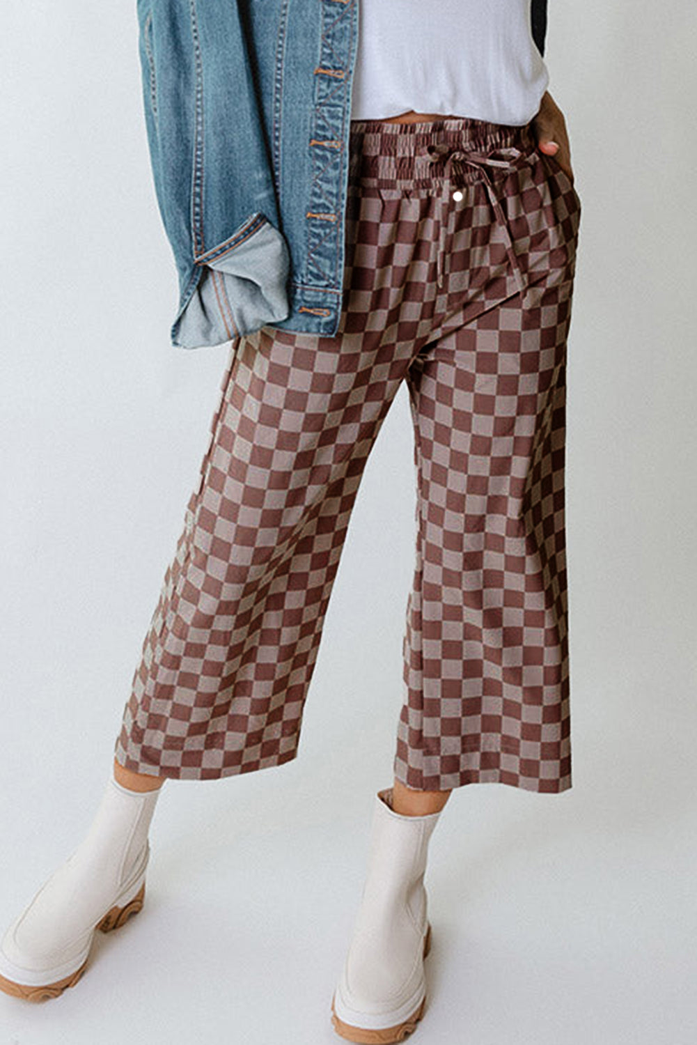 Khaki Checkered Elastic High Waist Loose Casual Pants Pants & Culotte JT's Designer Fashion