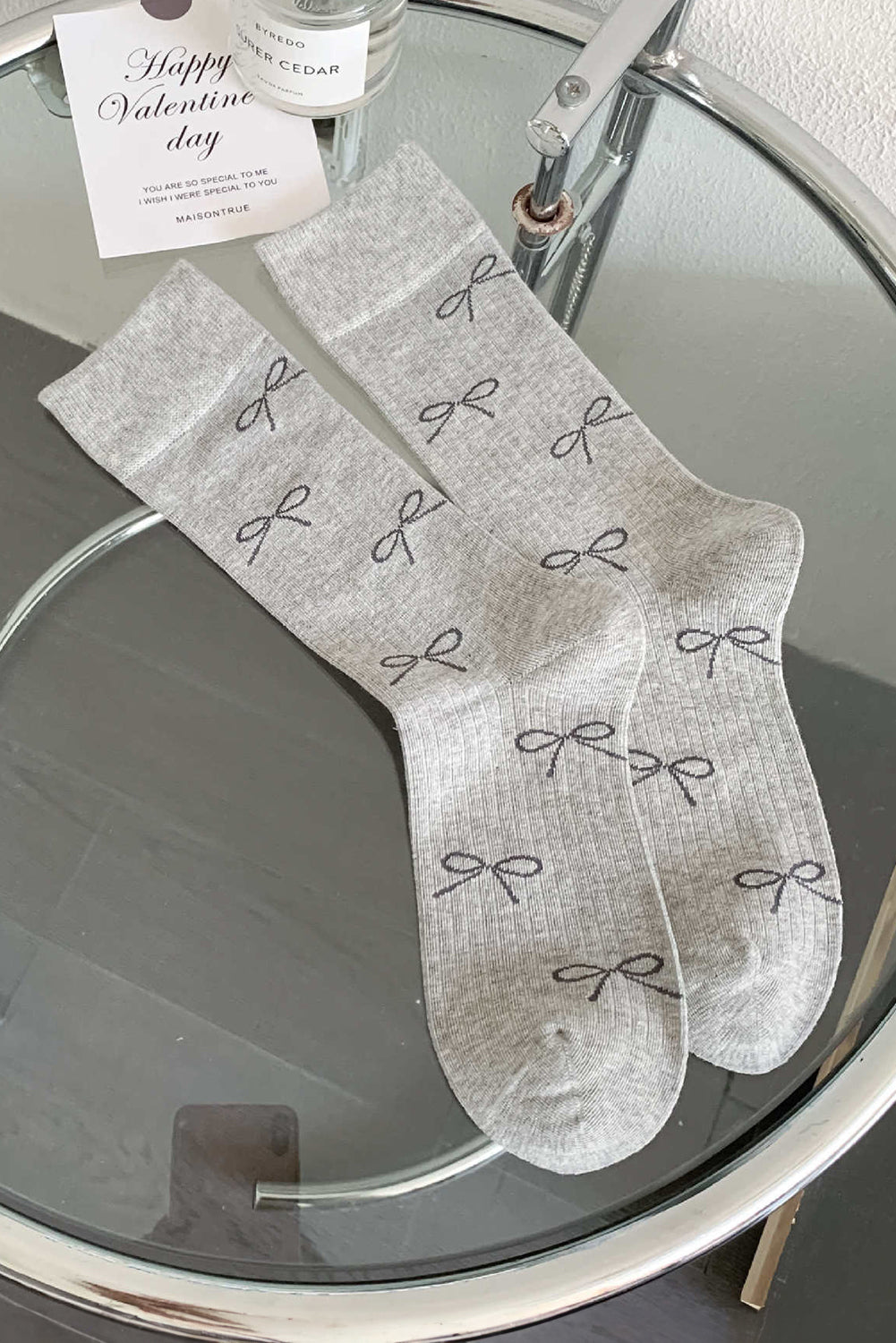 Gray Bow Knot Print Ribbed Crew Socks Socks JT's Designer Fashion