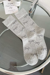 Gray Bow Knot Print Ribbed Crew Socks Socks JT's Designer Fashion