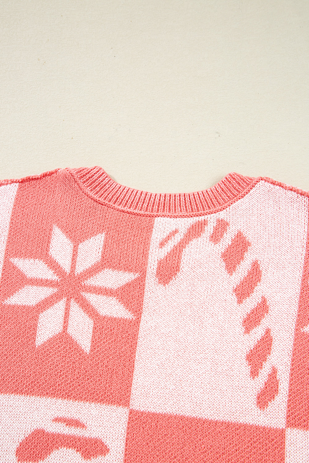 Pink Candycane Snowflake Checker Christmas Holiday Drop Shoulder Tunic Loose Sweater Sweaters JT's Designer Fashion