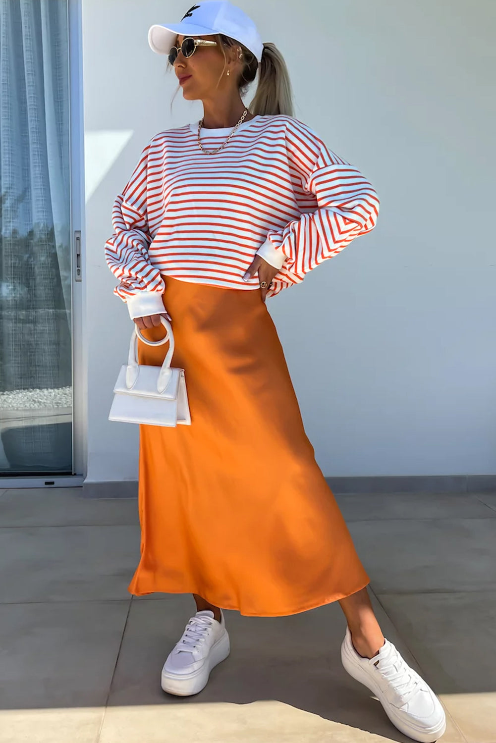 Orange Stripe Drop Shoulder Crew Neck Loose Sweatshirt Sweatshirts & Hoodies JT's Designer Fashion