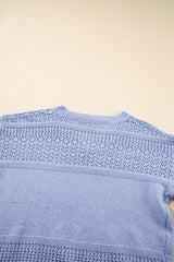 Sky Blue Eyelet Pattern Detail V Neck Drop Shoulder Sweater Sweaters JT's Designer Fashion
