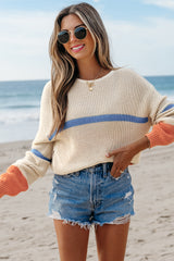 Beige Colorblock Striped Drop Shoulder Cozy Sweater Sweaters JT's Designer Fashion