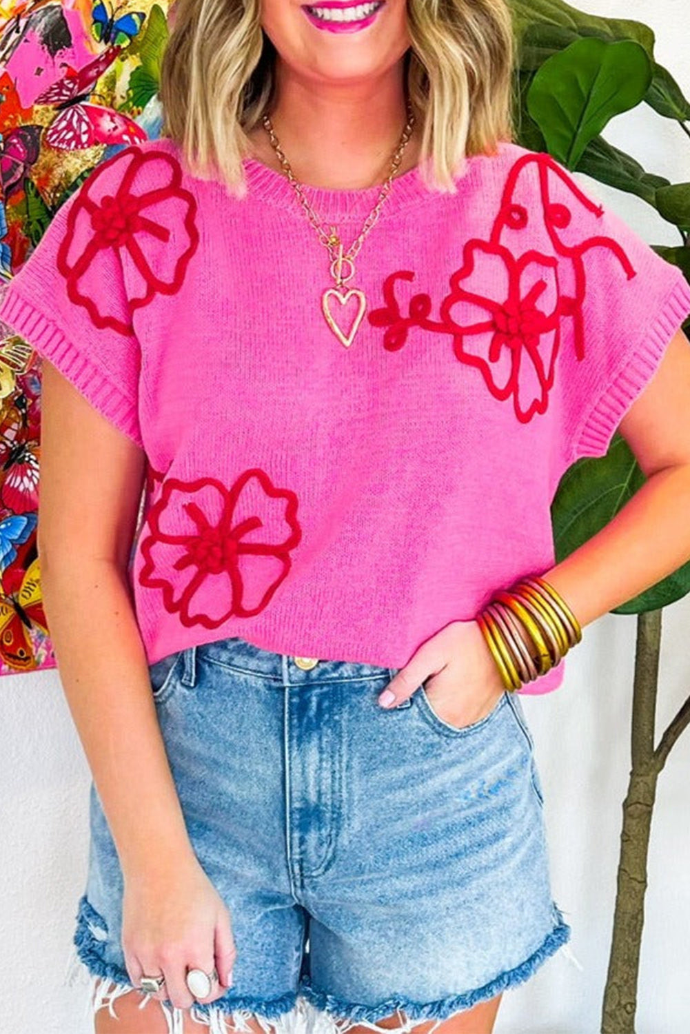 Bright Pink Corded Flower Embroidery Short Sleeve Knitwear Top Sweaters & Cardigans JT's Designer Fashion