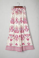 Rose Boho Printed Shirred High Waist Flowy Wide Leg Pants Pants & Culotte JT's Designer Fashion