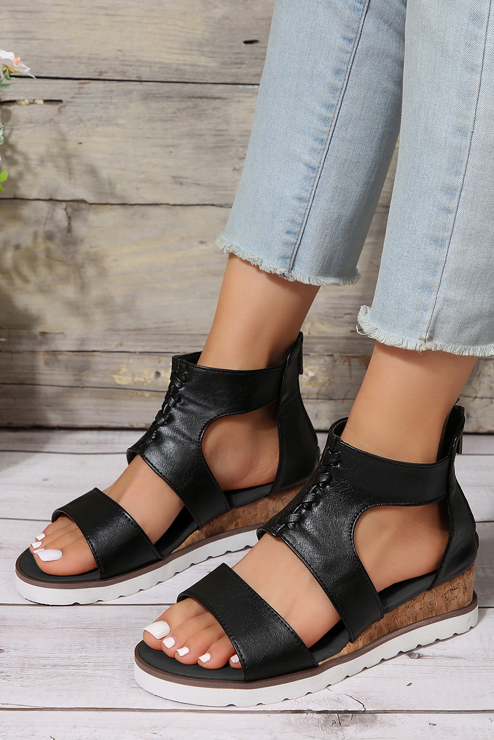 Black Crisscross Detail Hollowed Leather Gladiator Sandals Sandals JT's Designer Fashion