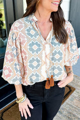 Khaki Geometric Print Tassel Tie Split Neck Balloon Sleeve Blouse Khaki 100%Polyester Blouses & Shirts JT's Designer Fashion