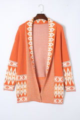 Orange Printed Aztec Print Open Front Knitted Cardigan Sweaters & Cardigans JT's Designer Fashion