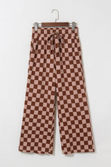Khaki Checkered Elastic High Waist Loose Casual Pants Pants & Culotte JT's Designer Fashion