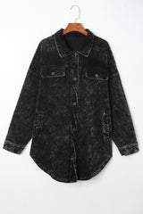 Black Vintage Distressed Mineral Wash Oversized Shacket Jackets JT's Designer Fashion