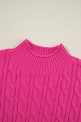 Rose Red Solid Cable Knit High Neck Drop Shoulder Sweater Sweaters JT's Designer Fashion
