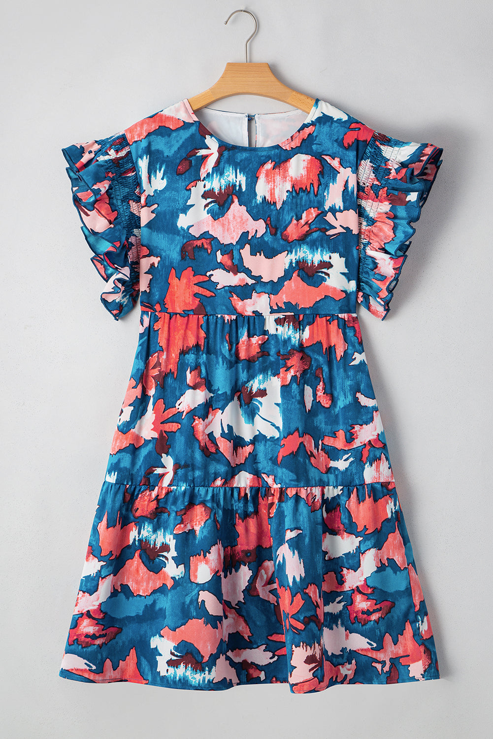 Blue Abstract Print Shirred Ruffled Short Sleeve Tiered Plus Size Mini Dress Plus Size Mini Dresses JT's Designer Fashion