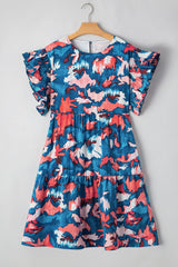 Blue Abstract Print Shirred Ruffled Short Sleeve Tiered Plus Size Mini Dress Plus Size Mini Dresses JT's Designer Fashion