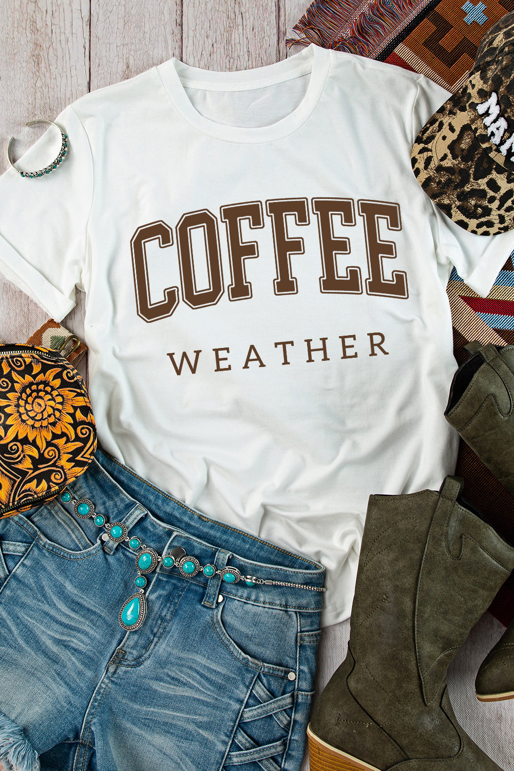 White COFFEE WEATHER Round Neck Graphic T Shirt Graphic Tees JT's Designer Fashion