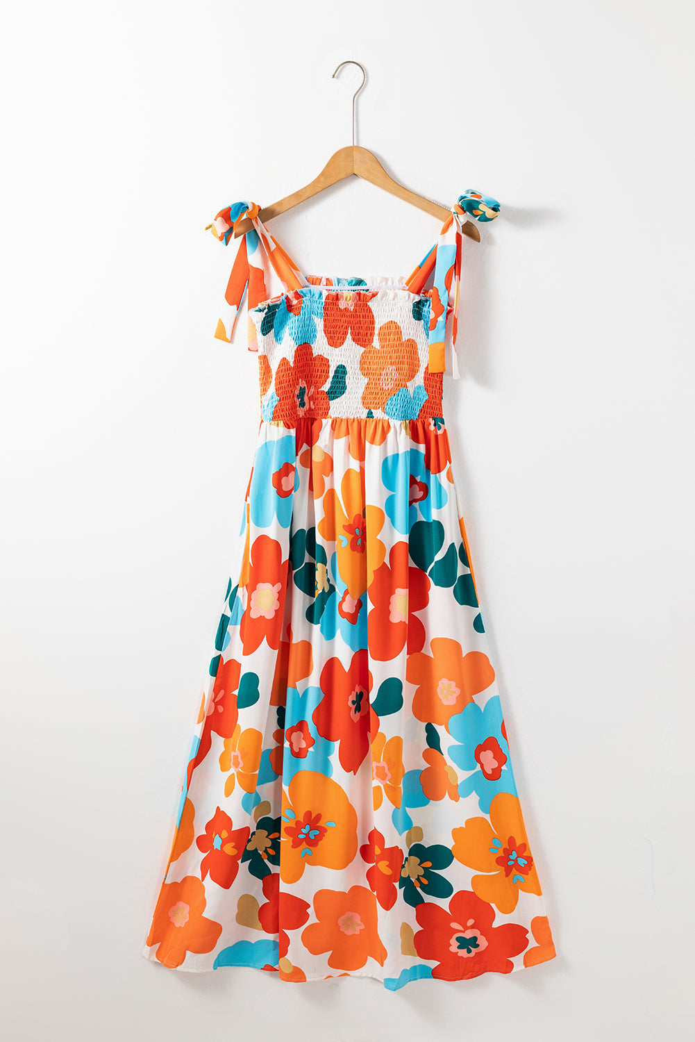 Orange Floral Self Tied Straps Smocked Bust Maxi Dress Floral Dresses JT's Designer Fashion