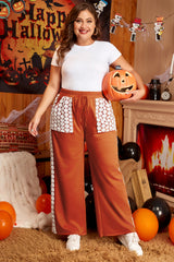 Gold Flame Plus Size Floral Crochet Patch Drawstring Wide Leg Pants Plus Size Bottoms JT's Designer Fashion