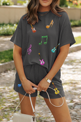 Carbon Grey Twisted Rib Texture Guitar Music Note Patched 2pcs Short Set Carbon Grey 75%Polyester+20%Viscose+5%Elastane Graphic Sets JT's Designer Fashion