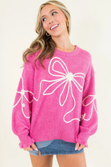 Bright Pink Corded Flower Bow Ribbed Trim Casual Sweater Sweaters JT's Designer Fashion