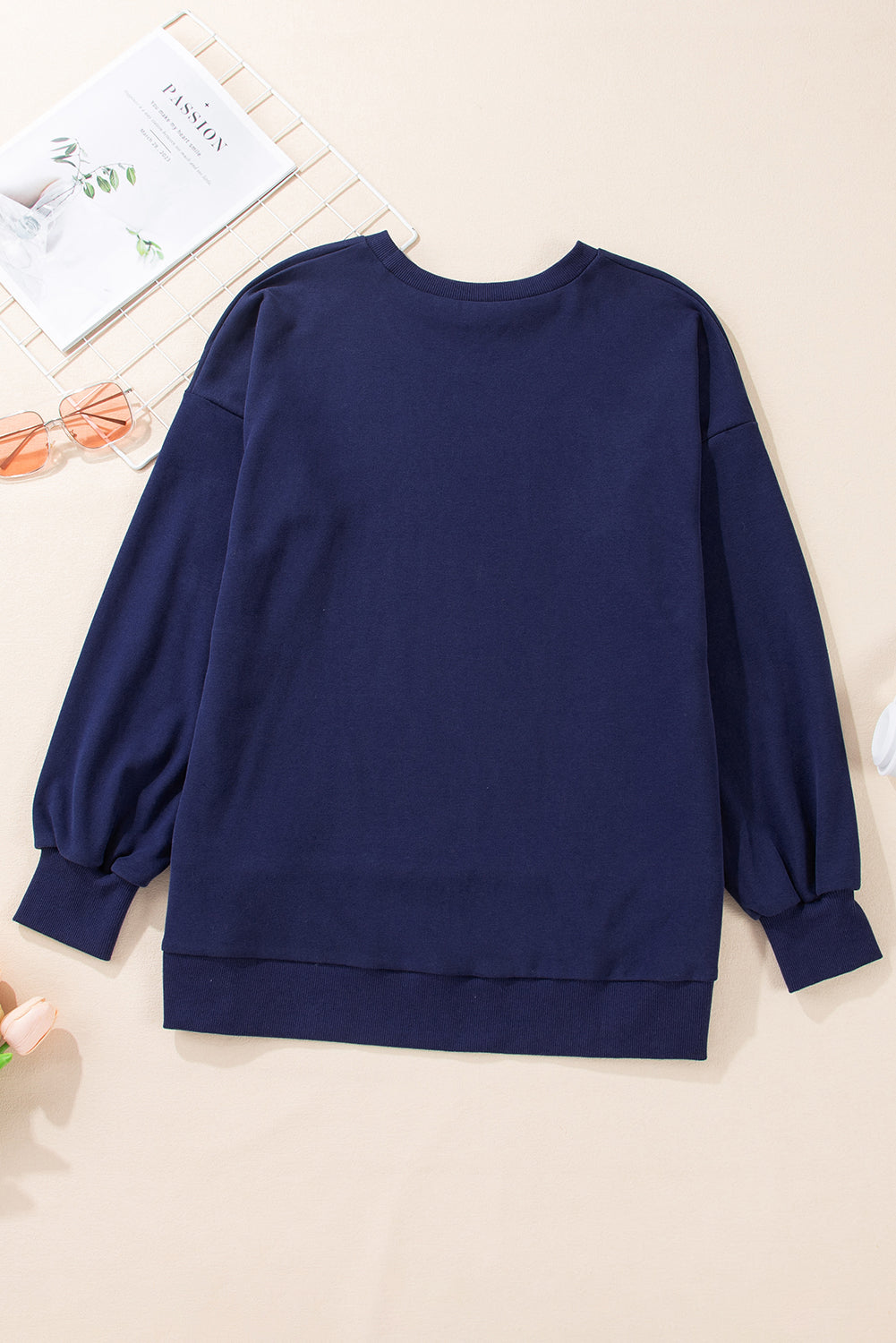 Navy Blue Solid O Neck High Low Hem Pullover Sweatshirt Sweatshirts & Hoodies JT's Designer Fashion