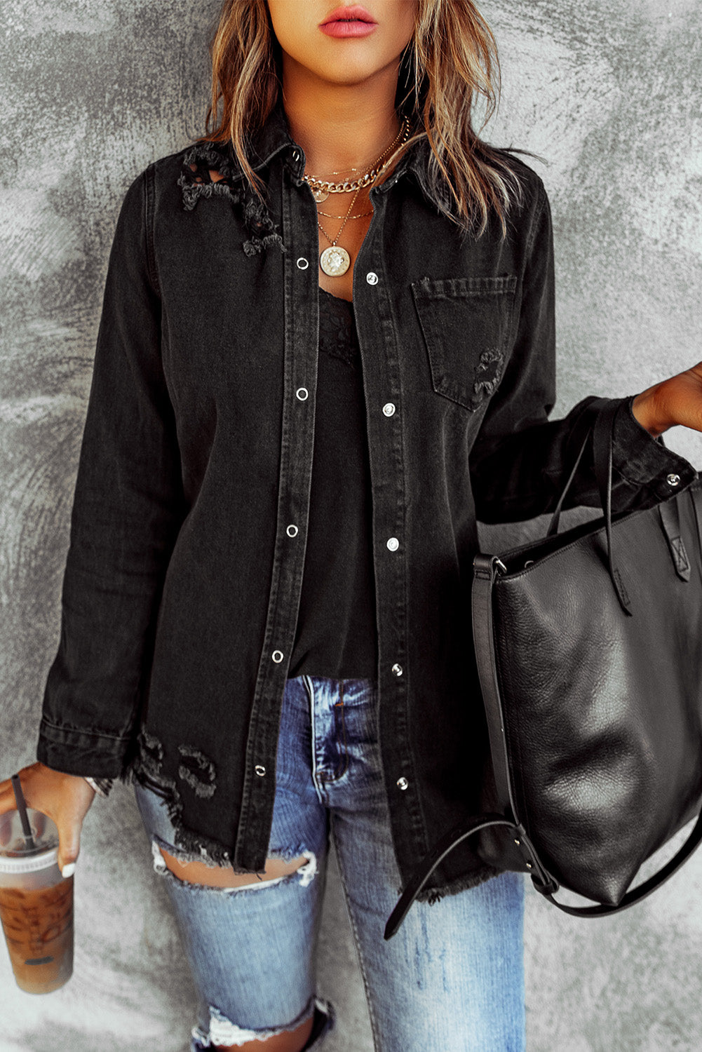 Black Ripped Denim Jacket Black black Denim Jackets JT's Designer Fashion