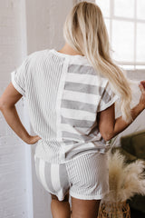 Gray Stripe Mixed Print Short Sleeve Top and Pocketed Shorts Set Short Sets JT's Designer Fashion