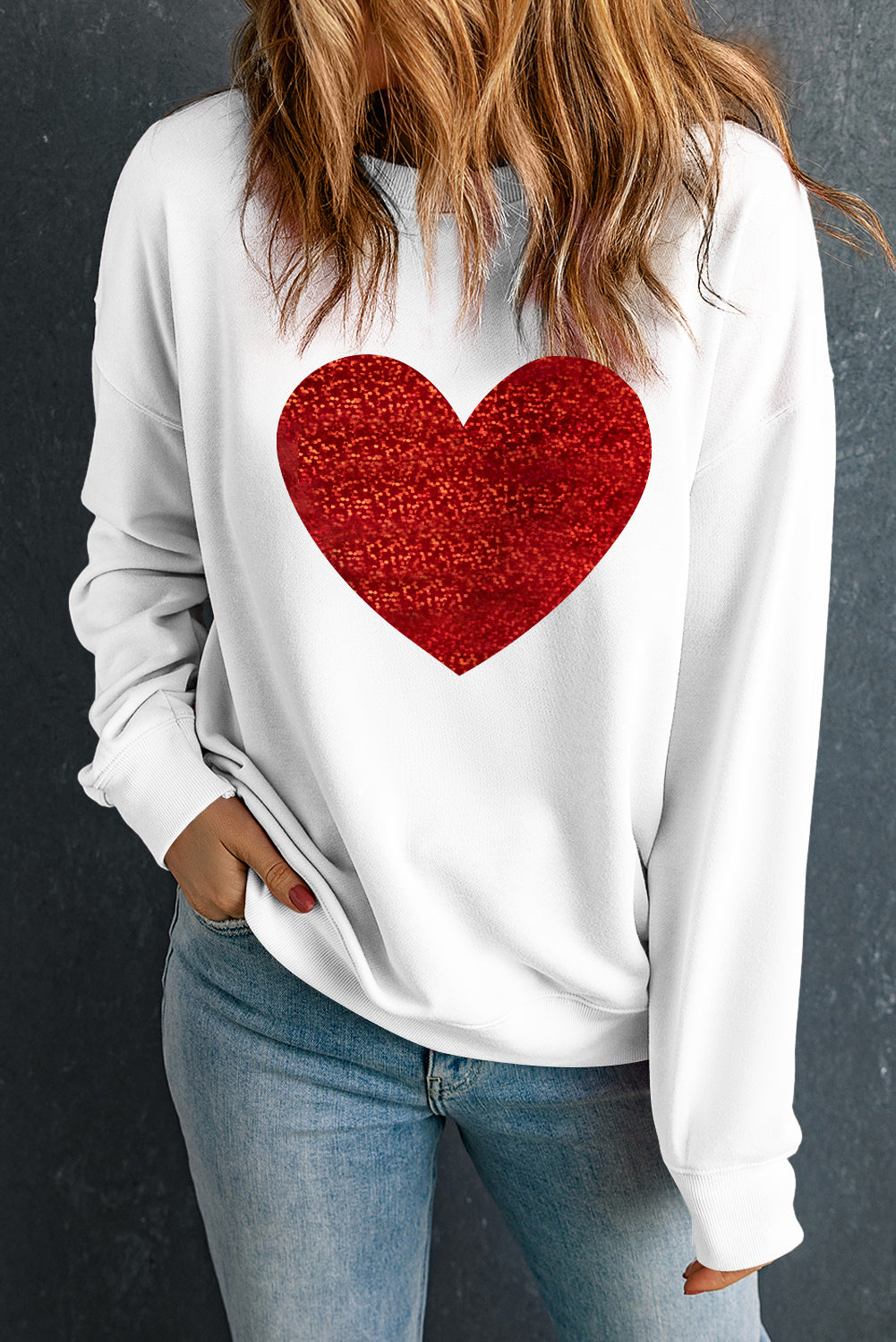 Beige Glitter Valentine Heart Shape Graphic Sweatshirt Graphic Sweatshirts JT's Designer Fashion