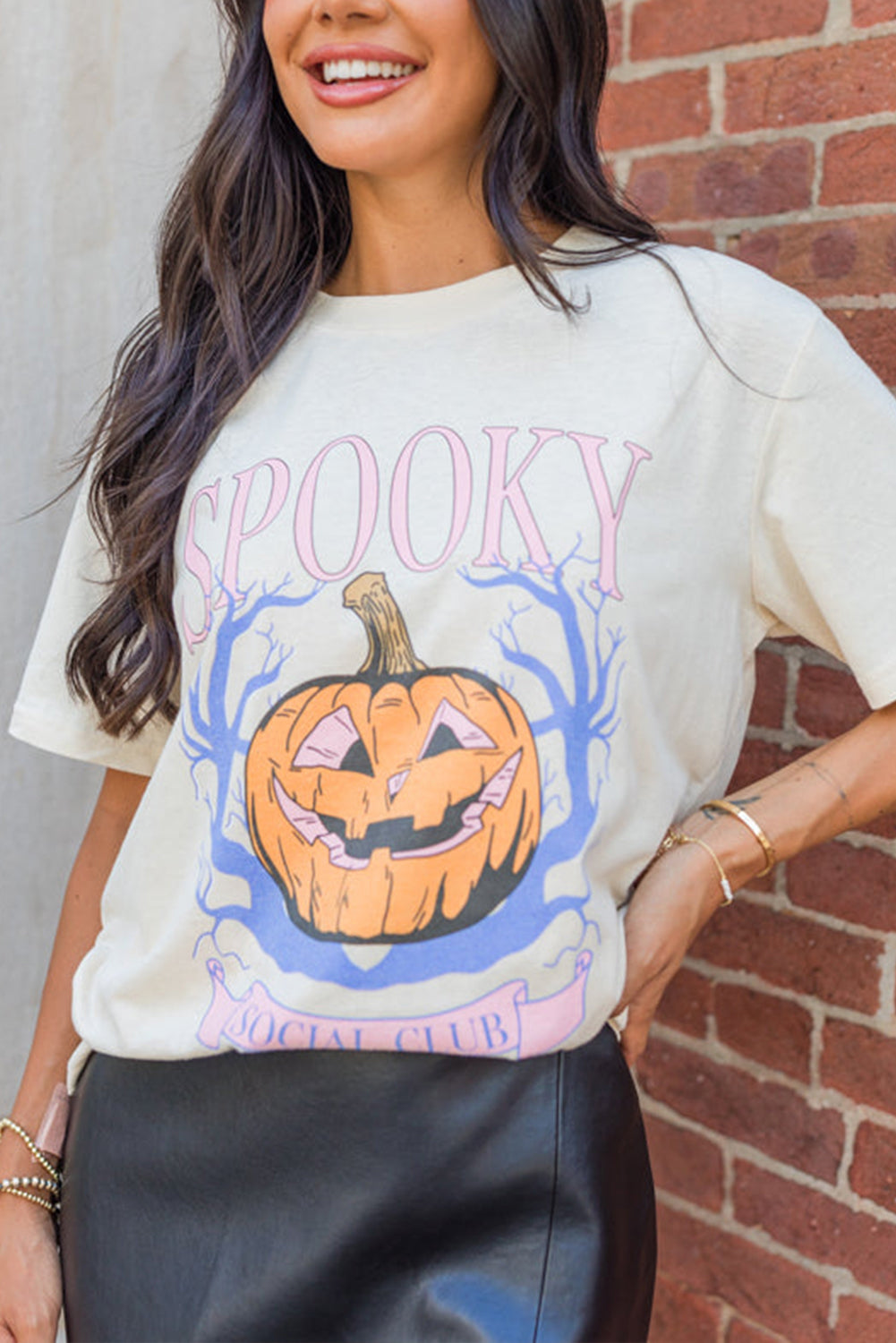White SPOOKY Pumpkin Print Round Neck Halloween T Shirt Graphic Tees JT's Designer Fashion