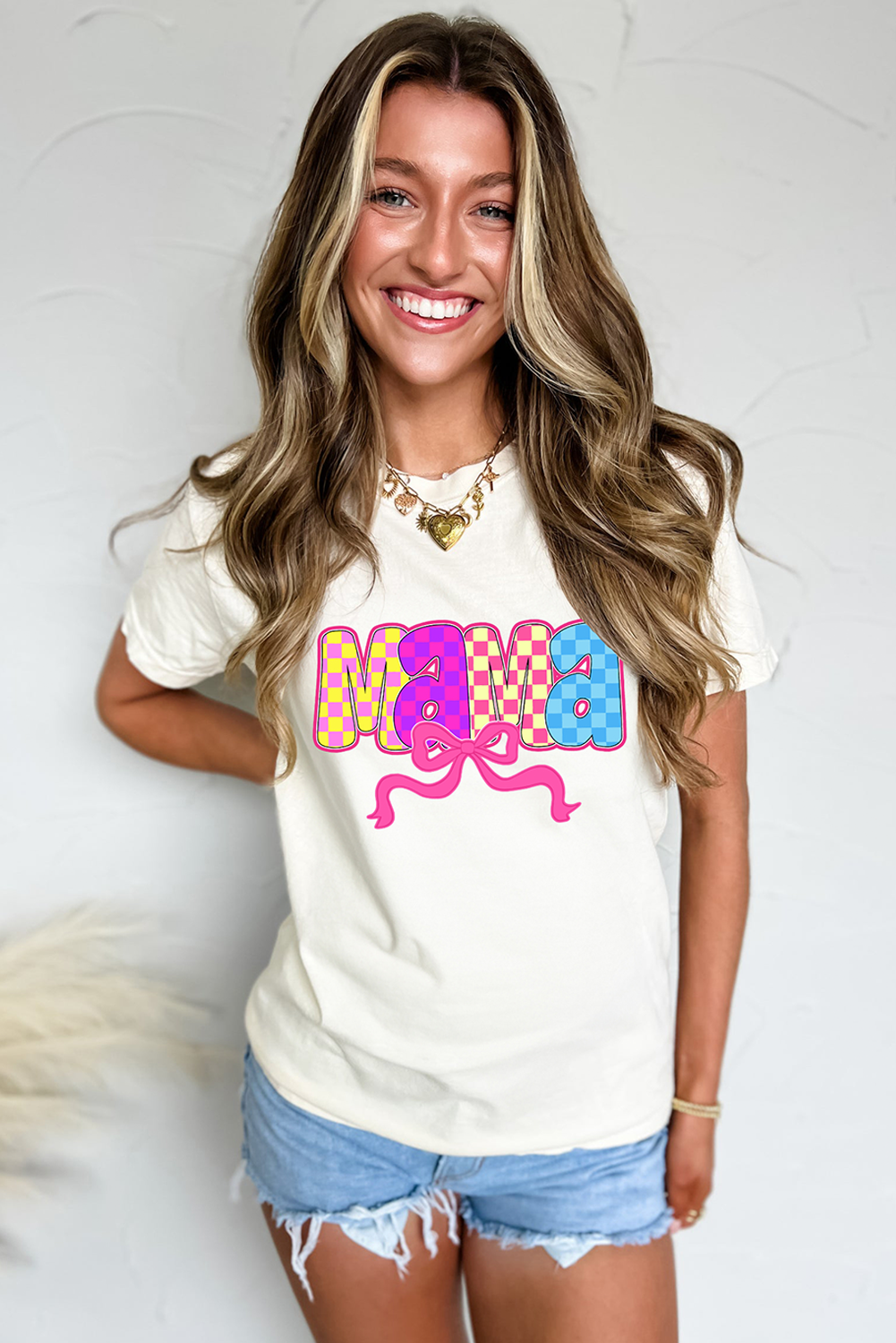 White MAMA Checkered Bow Knot Print Crewneck T Shirt Graphic Tees JT's Designer Fashion