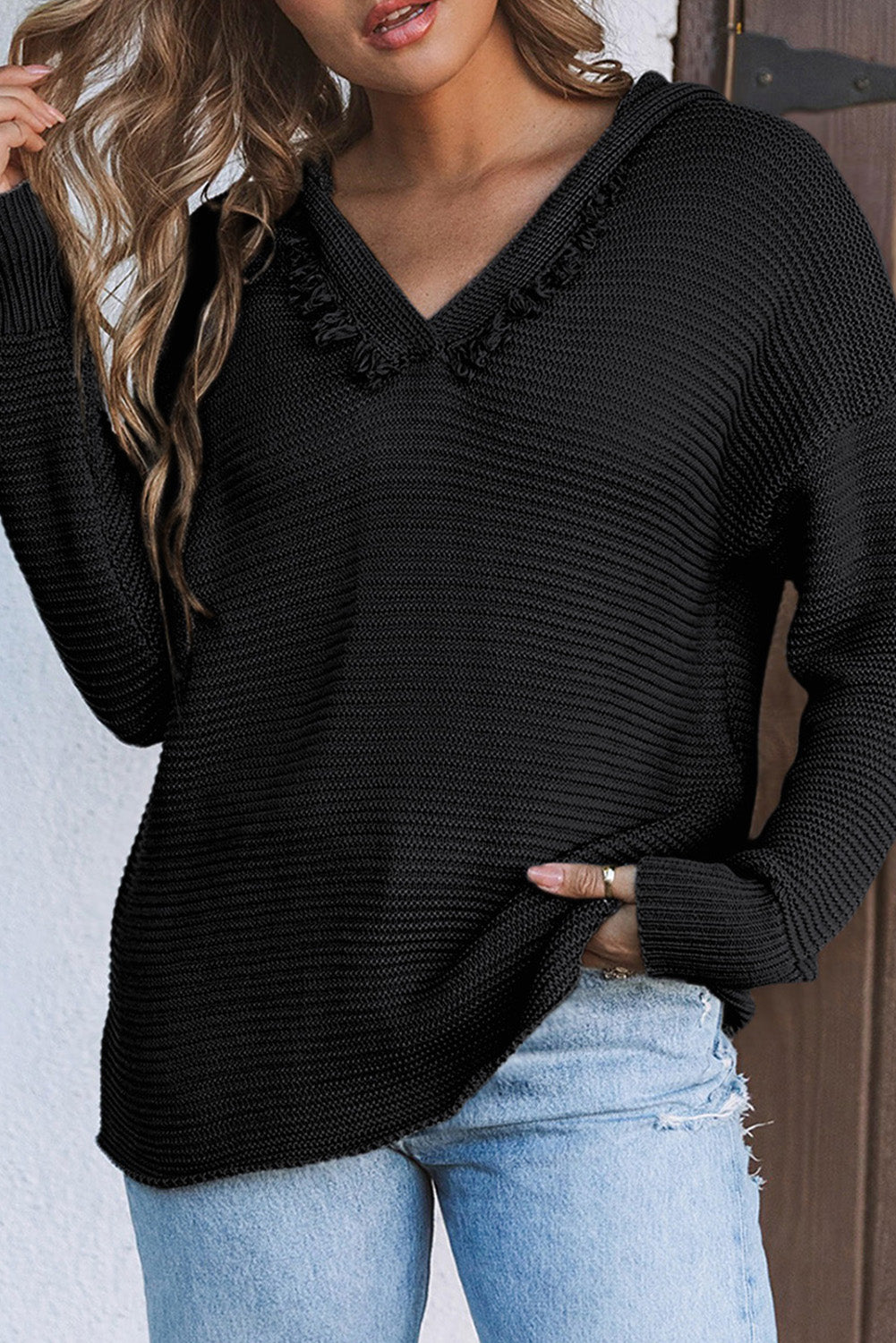 Black V Neck Ribbed Drop Shoulder Hooded Sweater Sweaters & Cardigans JT's Designer Fashion